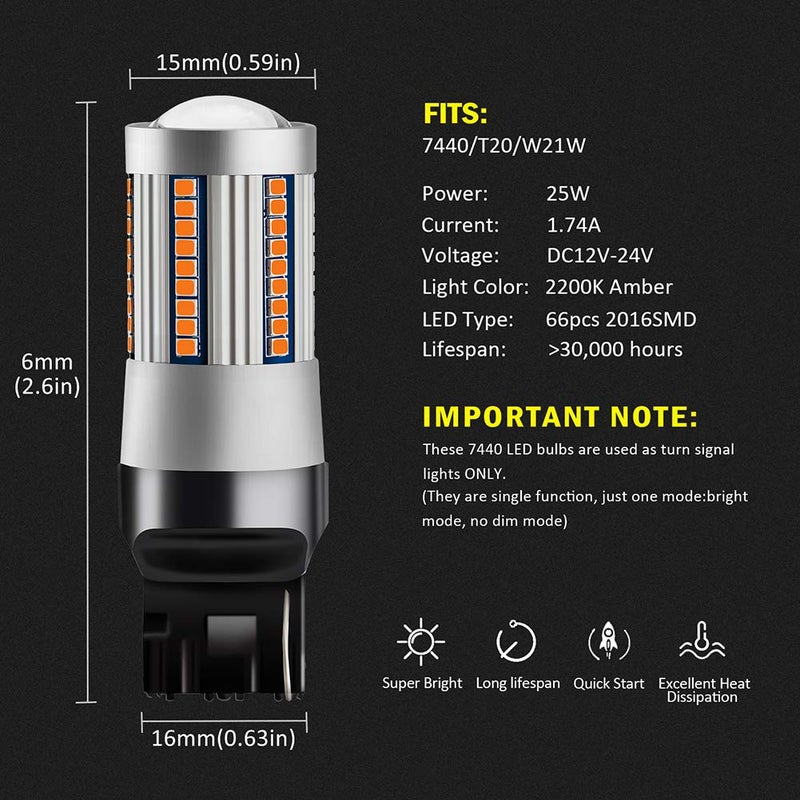 Antline 7440 7444 T20 7440A 7440NA LED Bulbs Amber Yellow for Turn Signal Lights with Build-in Load Resistor CANBUS Error Free Anti Hyper Flash for Blinker Bulb Replacement (Pack of 2) - Image 4